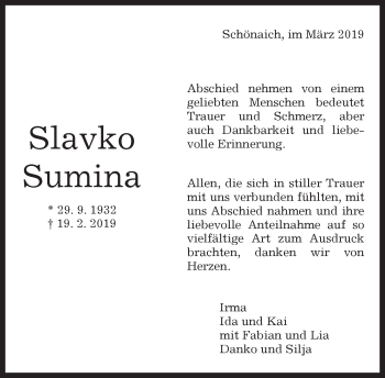 Traueranzeige von Slavko Sumina von Kreiszeitung Böblinger Bote