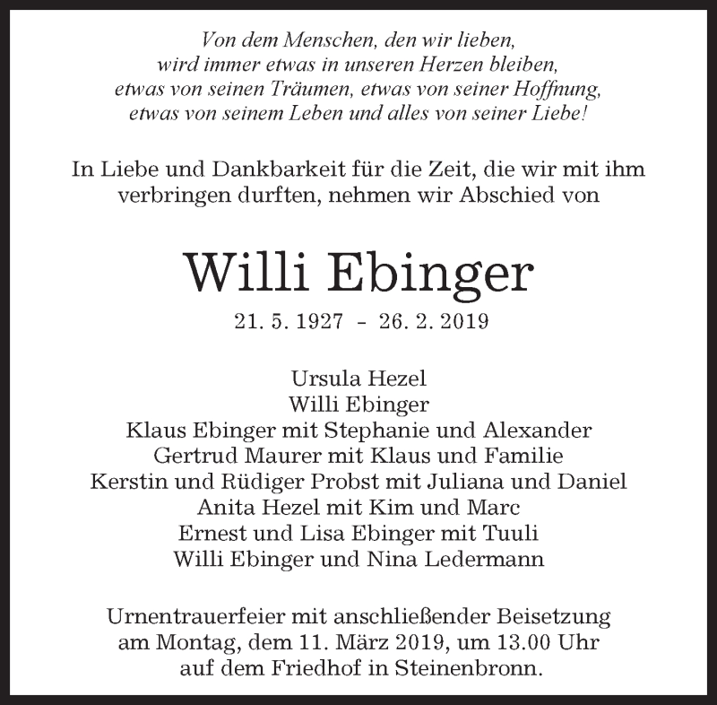  Traueranzeige für Willi Ebinger vom 07.03.2019 aus Kreiszeitung Böblinger Bote