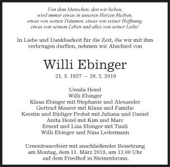 Traueranzeige von Willi Ebinger von Kreiszeitung Böblinger Bote