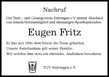 Traueranzeige von Eugen Fritz von Kreiszeitung Böblinger Bote