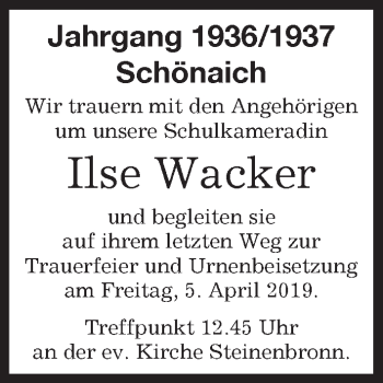 Traueranzeige von Ilse Wacker von Kreiszeitung Böblinger Bote