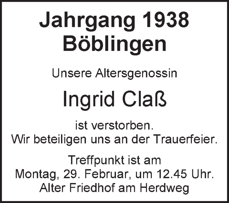  Traueranzeige für Ingrid Claß vom 27.04.2019 aus Kreiszeitung Böblinger Bote