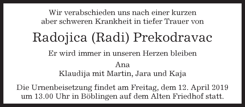  Traueranzeige für Radojica Prekodravac vom 05.04.2019 aus Kreiszeitung Böblinger Bote