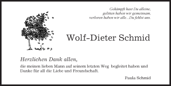 Traueranzeige von Wolf-Dieter Schmid von Kreiszeitung Böblinger Bote