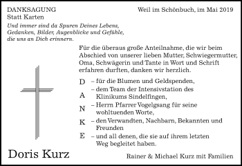 Traueranzeige von Doris Kurz von Kreiszeitung Böblinger Bote