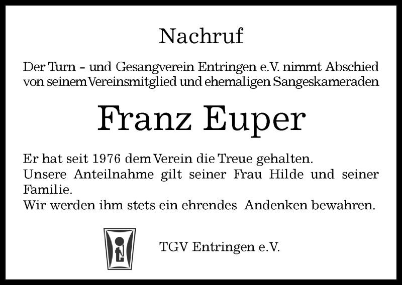  Traueranzeige für Franz Euper vom 09.05.2019 aus Kreiszeitung Böblinger Bote