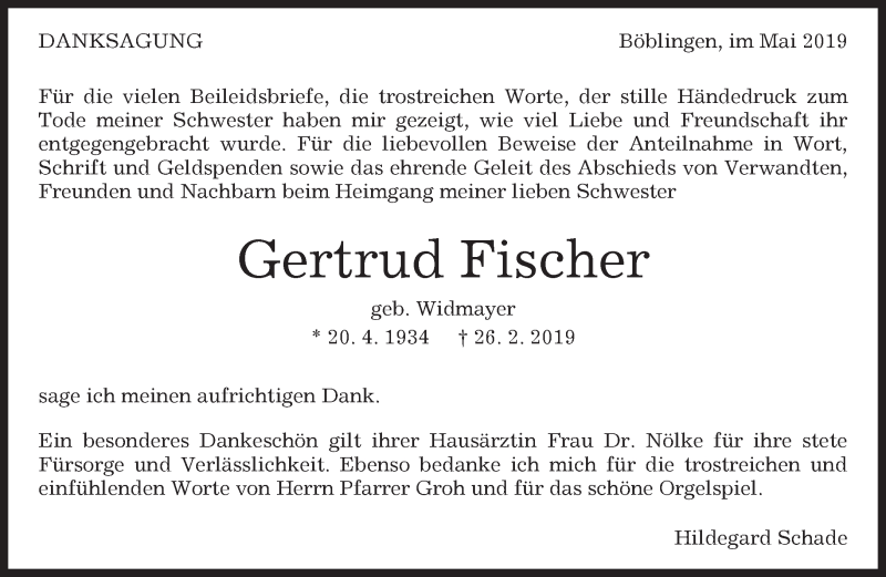  Traueranzeige für Gertrud Fischer vom 17.05.2019 aus Kreiszeitung Böblinger Bote