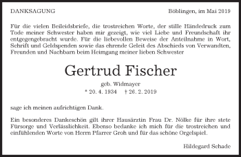 Traueranzeige von Gertrud Fischer von Kreiszeitung Böblinger Bote