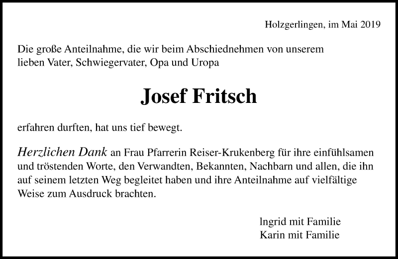  Traueranzeige für Josef Fritsch vom 11.05.2019 aus Kreiszeitung Böblinger Bote