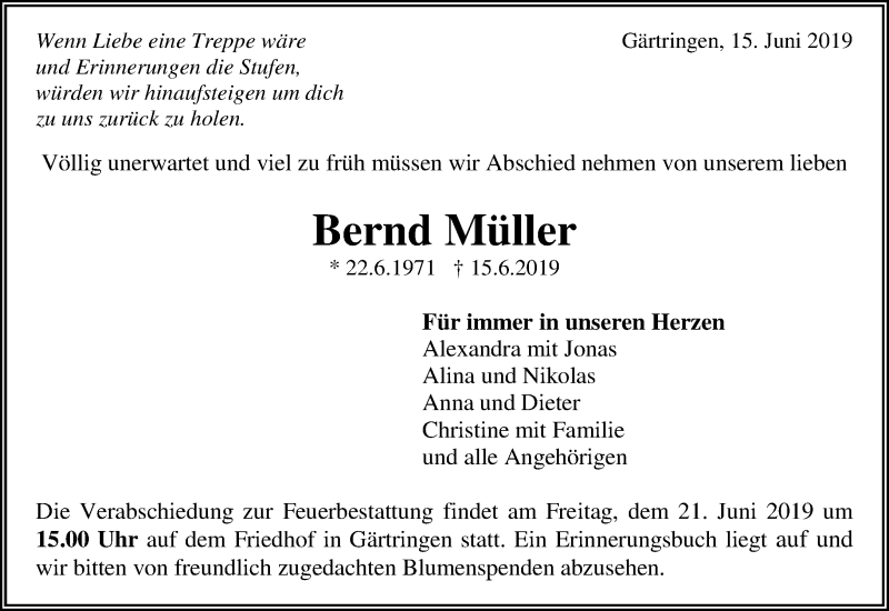  Traueranzeige für Bernd Müller vom 19.06.2019 aus Kreiszeitung Böblinger Bote
