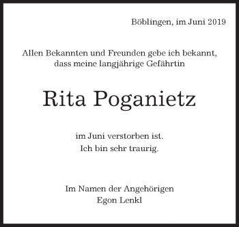 Traueranzeige von Rita Poganietz von Kreiszeitung Böblinger Bote