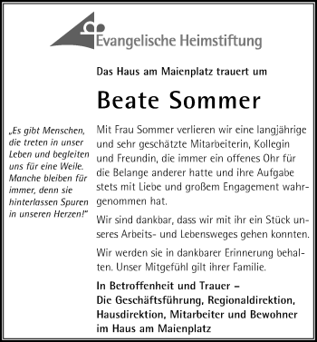 Traueranzeige von Beate Sommer von Kreiszeitung Böblinger Bote