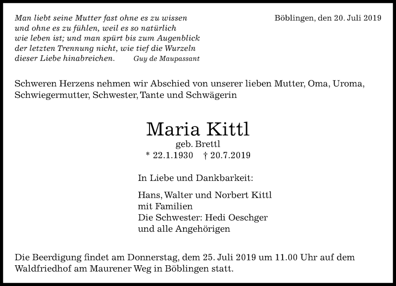  Traueranzeige für Maria Kittl vom 23.07.2019 aus Kreiszeitung Böblinger Bote