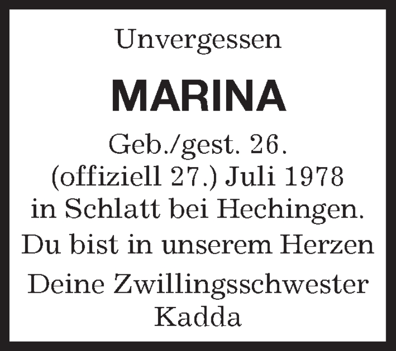  Traueranzeige für Marina  vom 26.07.2019 aus Kreiszeitung Böblinger Bote