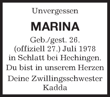 Traueranzeige von Marina  von Kreiszeitung Böblinger Bote