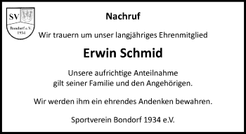 Traueranzeige von Erwin Schmid von Kreiszeitung Böblinger Bote