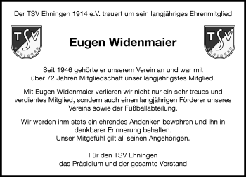 Traueranzeige von Eugen Widenmaier von Kreiszeitung Böblinger Bote