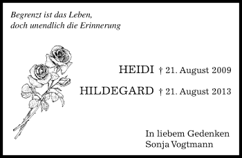 Traueranzeige von Heidi und Hildegard Vogtmann von Kreiszeitung Böblinger Bote