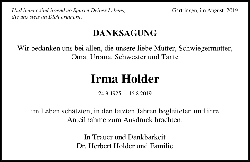  Traueranzeige für Irma Holder vom 31.08.2019 aus Kreiszeitung Böblinger Bote