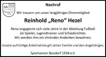 Traueranzeige von Reinhold Hezel von Kreiszeitung Böblinger Bote
