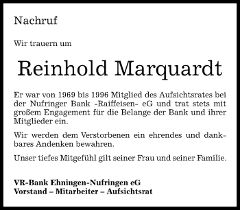 Traueranzeige von Reinhold Marquardt von Kreiszeitung Böblinger Bote