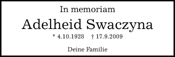 Traueranzeige von Adelheid Swaczyna von Kreiszeitung Böblinger Bote