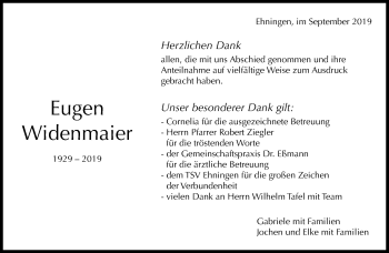 Traueranzeige von Eugen Widenmaier von Kreiszeitung Böblinger Bote