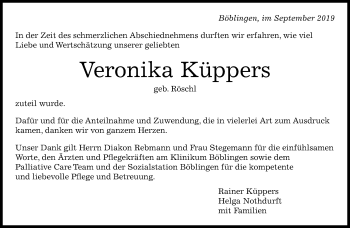 Traueranzeige von Veronika Küppers von Kreiszeitung Böblinger Bote