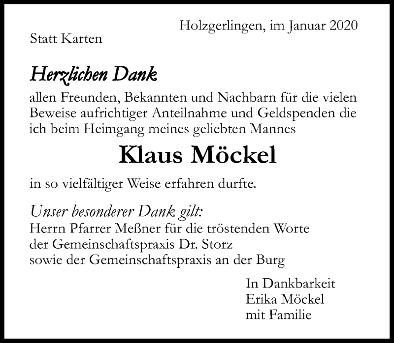  Traueranzeige für Klaus Möckel vom 24.01.2020 aus Kreiszeitung Böblinger Bote