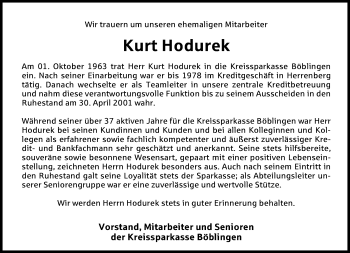 Traueranzeige von Kurt Hodurek von Kreiszeitung Böblinger Bote