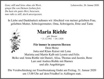 Traueranzeige von Maria Riehle von Kreiszeitung Böblinger Bote
