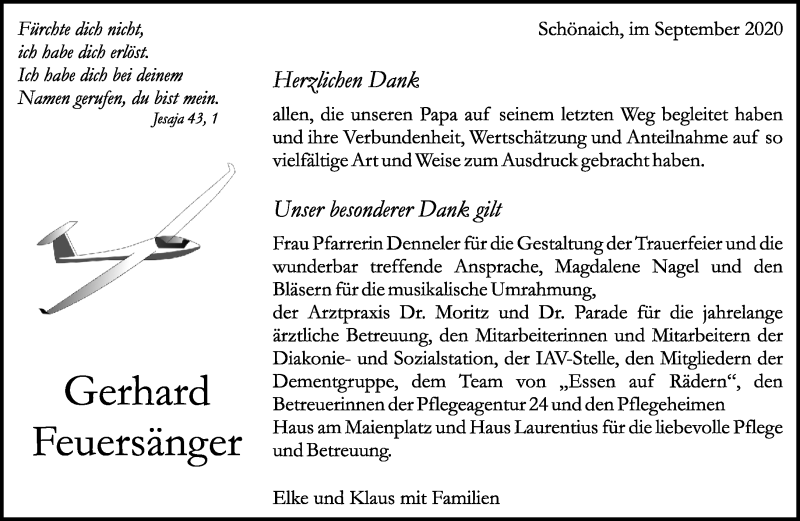 Traueranzeige für Gerhard Feuersänger vom 01.10.2020 aus Kreiszeitung Böblinger Bote