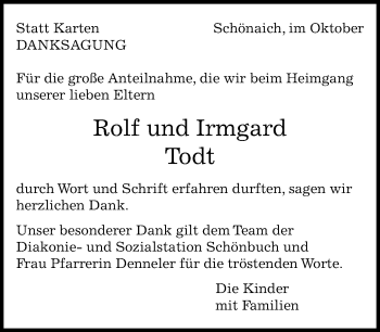 Traueranzeige von Rolf und Irmgard Todt von Kreiszeitung Böblinger Bote
