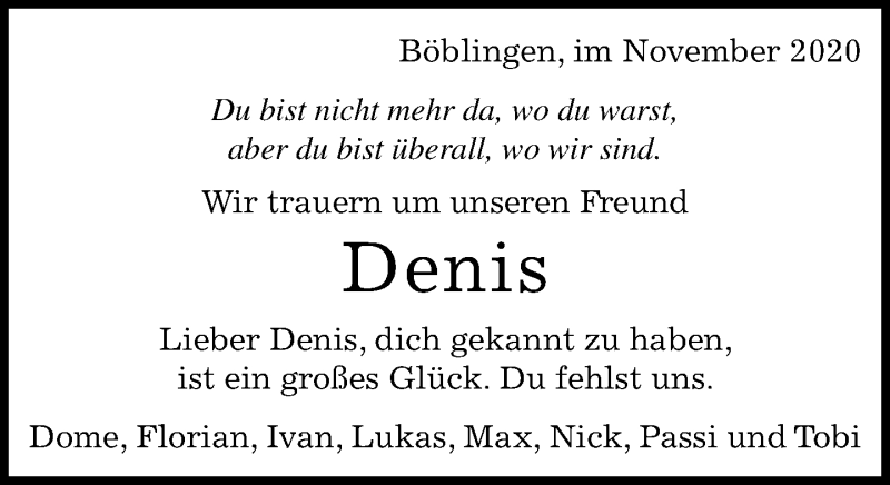  Traueranzeige für Denis  vom 28.11.2020 aus Kreiszeitung Böblinger Bote