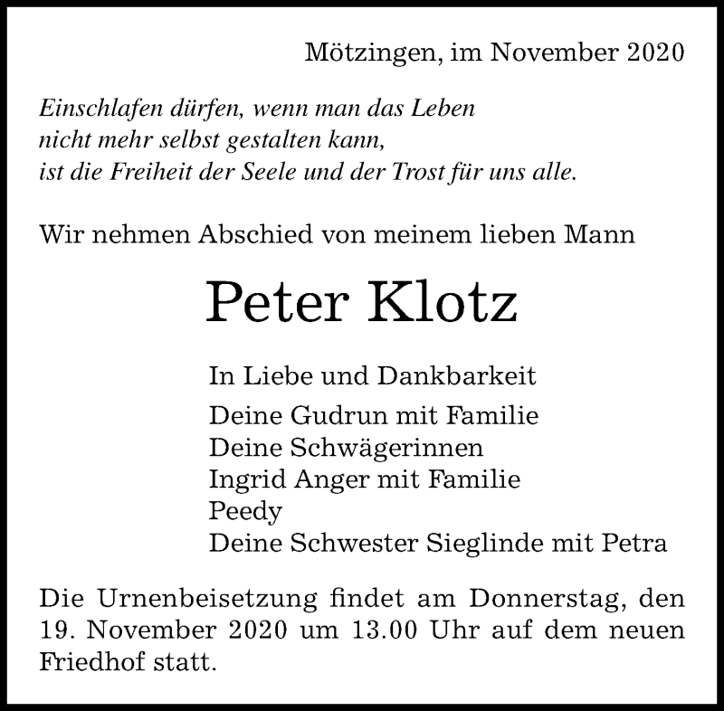 Traueranzeige für Peter Klotz vom 19.11.2020 aus Kreiszeitung Böblinger Bote