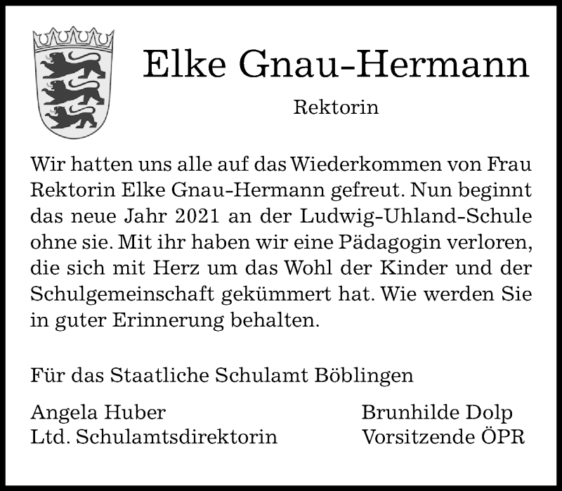  Traueranzeige für Elke Gnau-Hermann vom 18.12.2020 aus Kreiszeitung Böblinger Bote