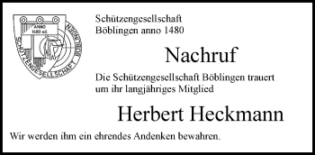 Traueranzeige von Herbert Heckmann von Kreiszeitung Böblinger Bote