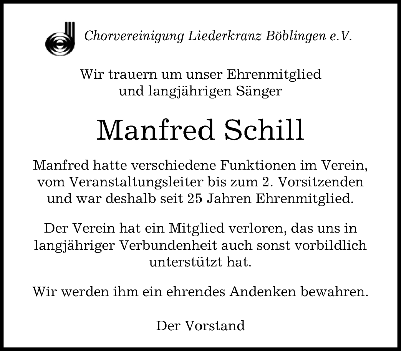  Traueranzeige für Manfred Schill vom 31.12.2020 aus Kreiszeitung Böblinger Bote