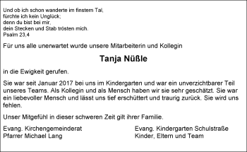Traueranzeige von Tanja Nüßle von Kreiszeitung Böblinger Bote