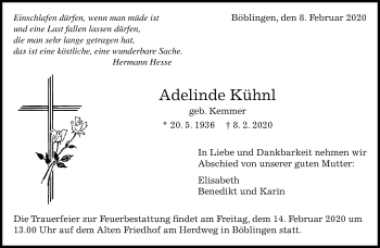 Traueranzeige von Adelinde Kühnl von Kreiszeitung Böblinger Bote