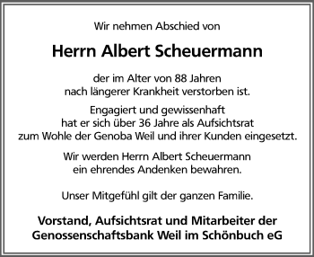 Traueranzeige von Albert Scheuermann von Kreiszeitung Böblinger Bote