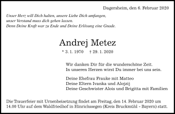 Traueranzeige von Andrej Metez von Kreiszeitung Böblinger Bote