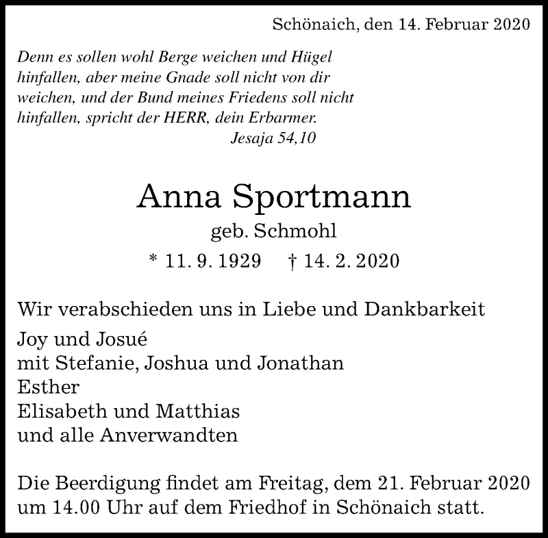  Traueranzeige für Anna Sportmann vom 20.02.2020 aus Kreiszeitung Böblinger Bote