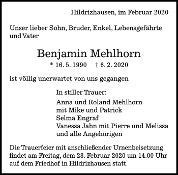 Traueranzeige von Benjamin Mehlhorn von Kreiszeitung Böblinger Bote