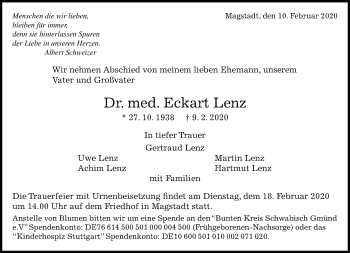 Traueranzeige von Eckart Lenz von Kreiszeitung Böblinger Bote