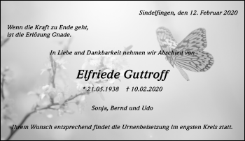 Traueranzeige von Elfriede Guttroff von Kreiszeitung Böblinger Bote