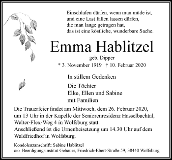 Traueranzeige von Emma Hablitzel von Kreiszeitung Böblinger Bote