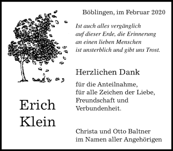 Traueranzeige von Erich Klein von Kreiszeitung Böblinger Bote