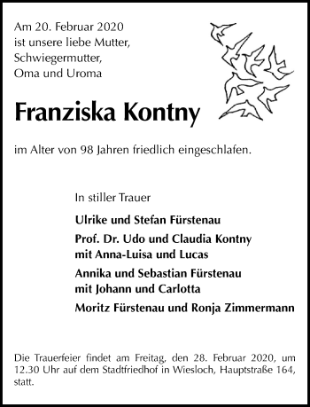 Traueranzeige von Franziska Kontny von Kreiszeitung Böblinger Bote