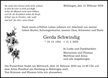 Traueranzeige von Gerda Schwindig von Kreiszeitung Böblinger Bote